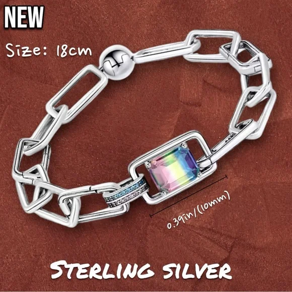 New .925 Sterling Silver Charm bracelet (charms not included) with rainbow stone - Picture 5 of 8
